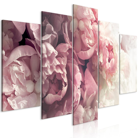 Leinwandbild „Vintage Pfingstrosen“ – 5-teiliges Wandbild im nostalgischen Blumenstil