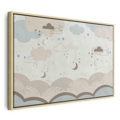 Leinwandbild - Cloudy Night Sky - Moons in Brown and Beige Hues Among Clouds and Numerous Little Stars on a Light Background Artgeist