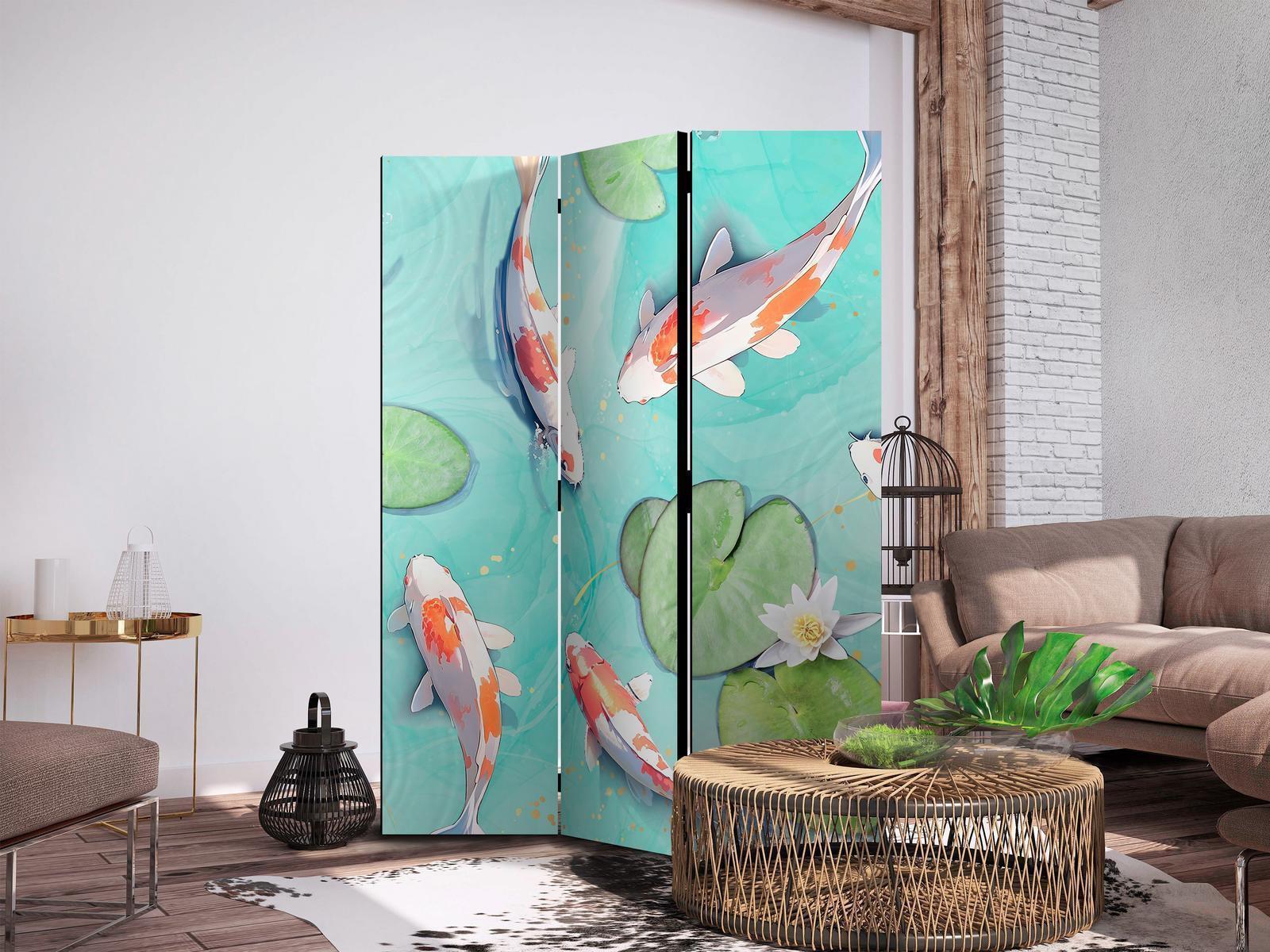 Paravent - Spectacular Fish - White-Orange Koi Fish Swimming in Crystal Clear Water with Water Lilies Artgeist
