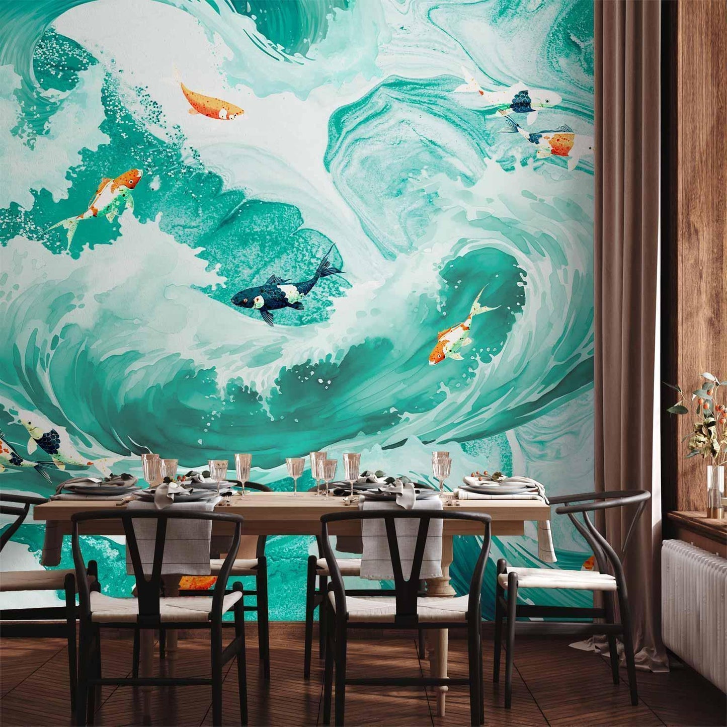 Fototapete Fische und Wellen - Japanische Illustration im traditionellen Stil