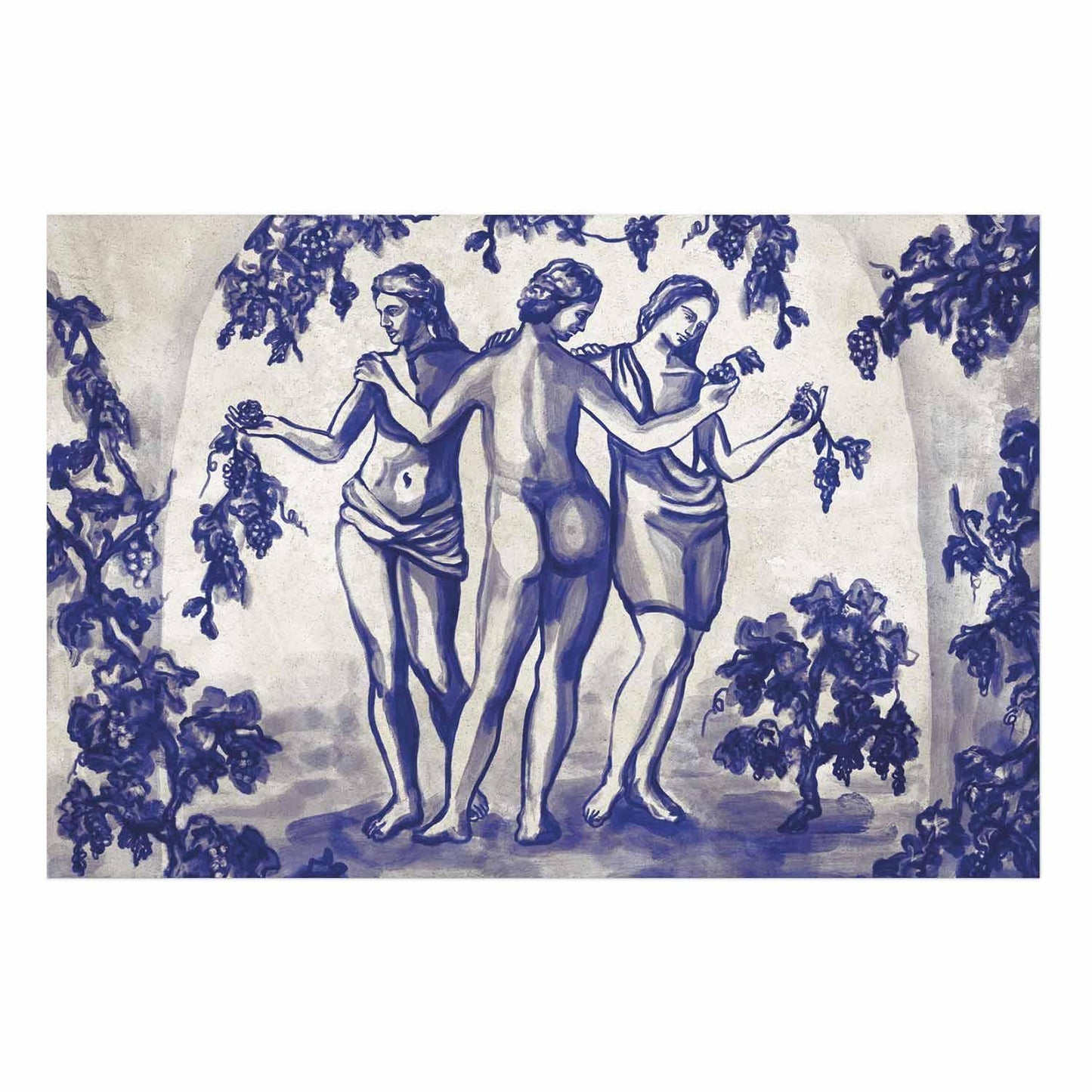 Poster - Ancient Vineyard - three women in a portal painted in blue ink