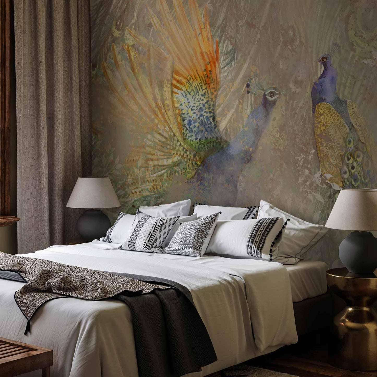 Fototapete - Peacocks in dance - bird motif among an abstract pattern with ornaments