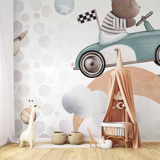Fototapete - Teddy Bear in a Racing Car Artgeist