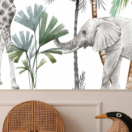 Fototapete - Jungle Animals Wallpaper for Children's Room in Cartoon Style Artgeist