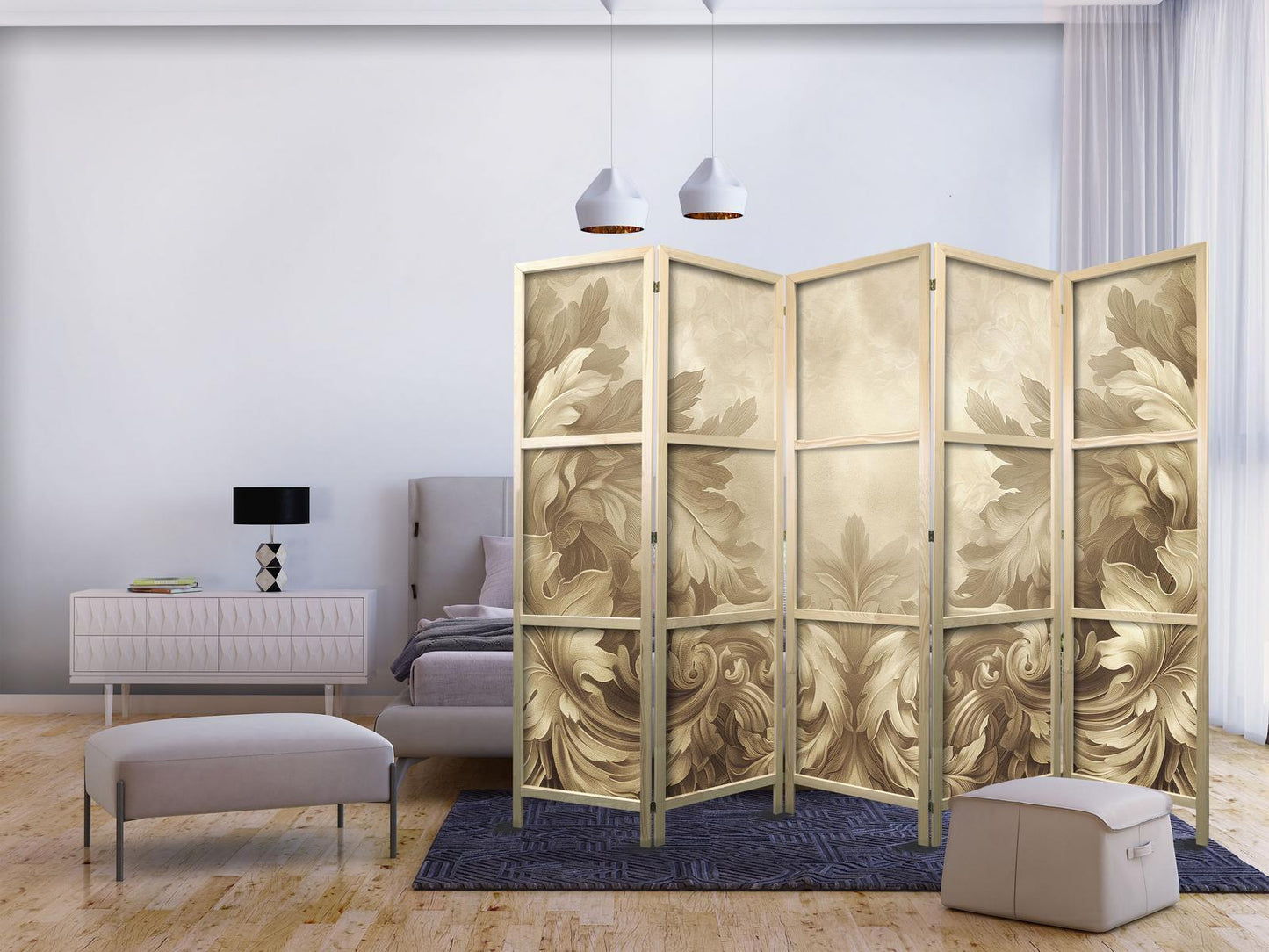 Japanischer Paravent - Stone Baroque Ornaments in Light Shades of Gray-Blue