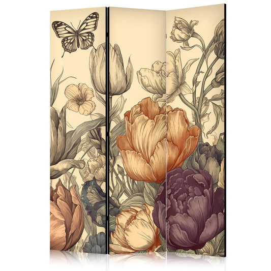 Paravent - Tulips in Cream - Illustration of Flowers and Butterflies on a Light Background Artgeist