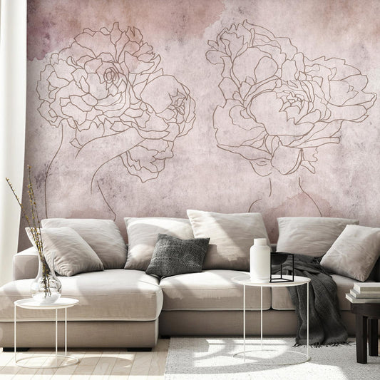 Fototapete - Floristic abstraction - lineart style silhouettes of people with flowers Artgeist