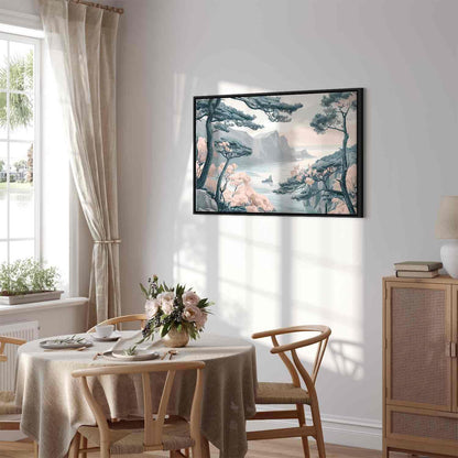 Leinwandbild - Mountainous Coast with Trees and Rocks in Light Pastel Blues