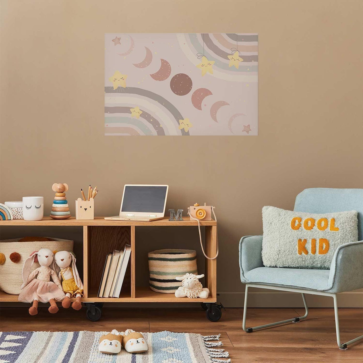 Poster of moon phases with rainbow, perfect for kids' room decoration.