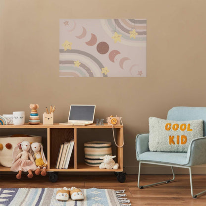 Poster of moon phases with rainbow, perfect for kids' room decoration.