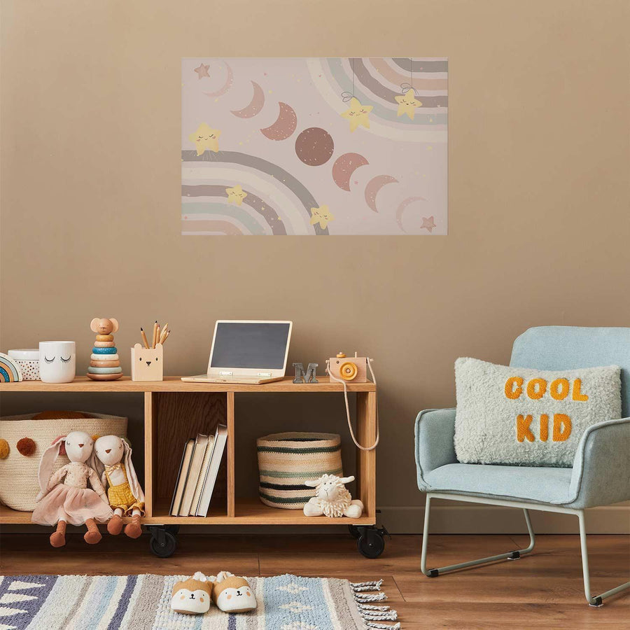 Poster of moon phases with rainbow, perfect for kids' room decoration.