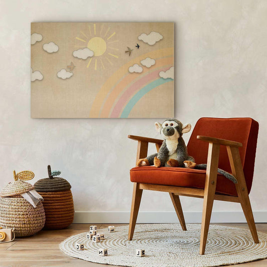 Leinwandbild - Holiday Sky - Sunny Day with a Rainbow and Flying Birds Artgeist