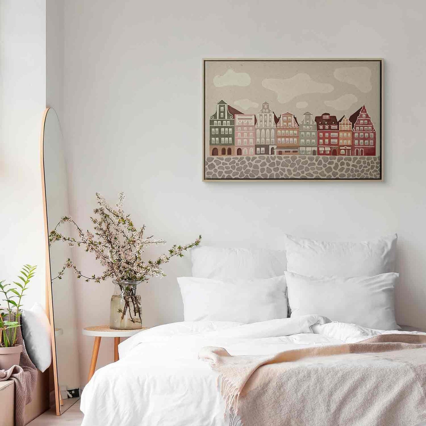 Leinwandbild - Salt Square - Colorful Illustrated Townhouses Against a Cloudy Sky Background