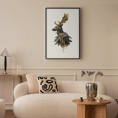 Poster featuring a forest deer design in a modern living room setting.
