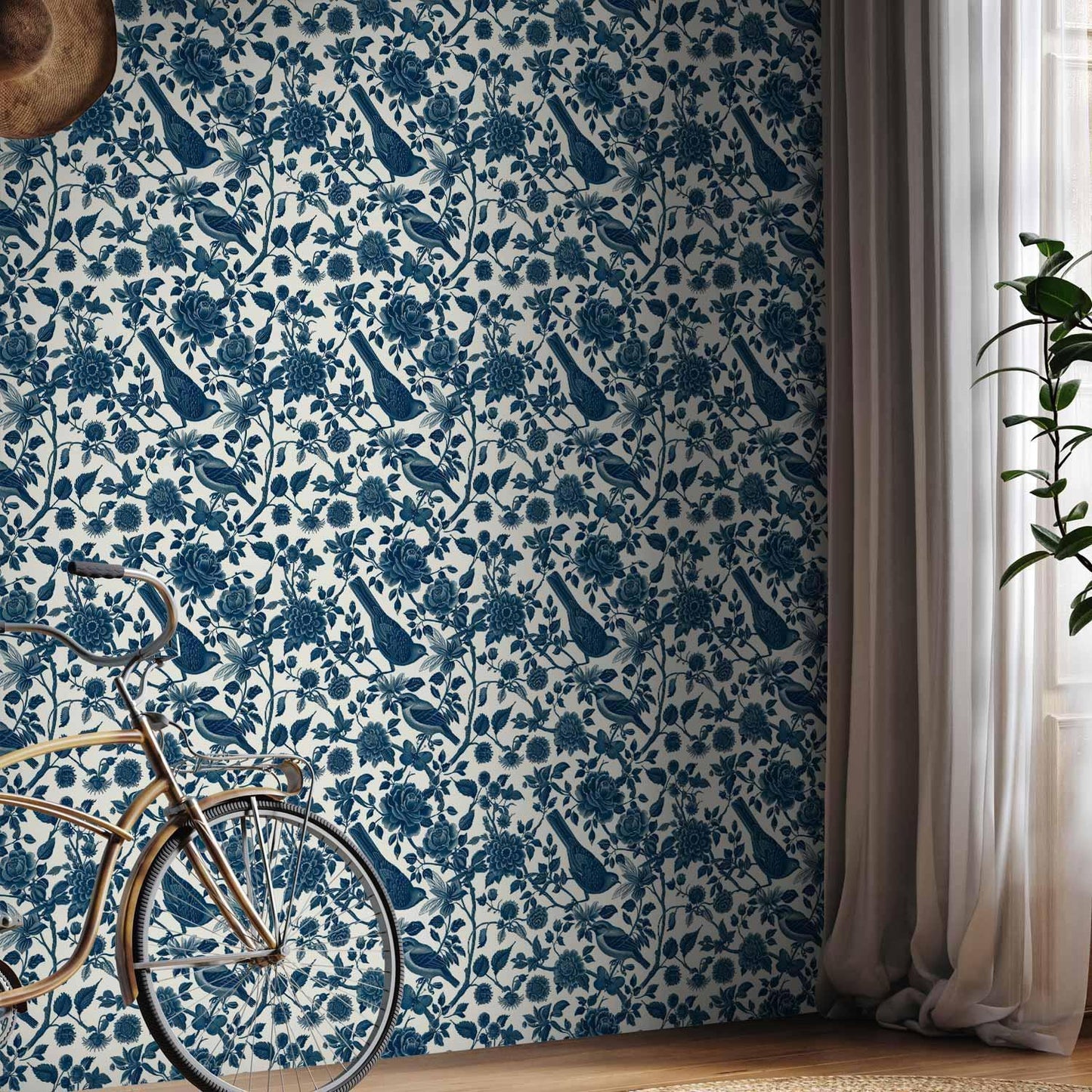 Tapete - Birds and roses - monochrome blue pattern with botanical motif