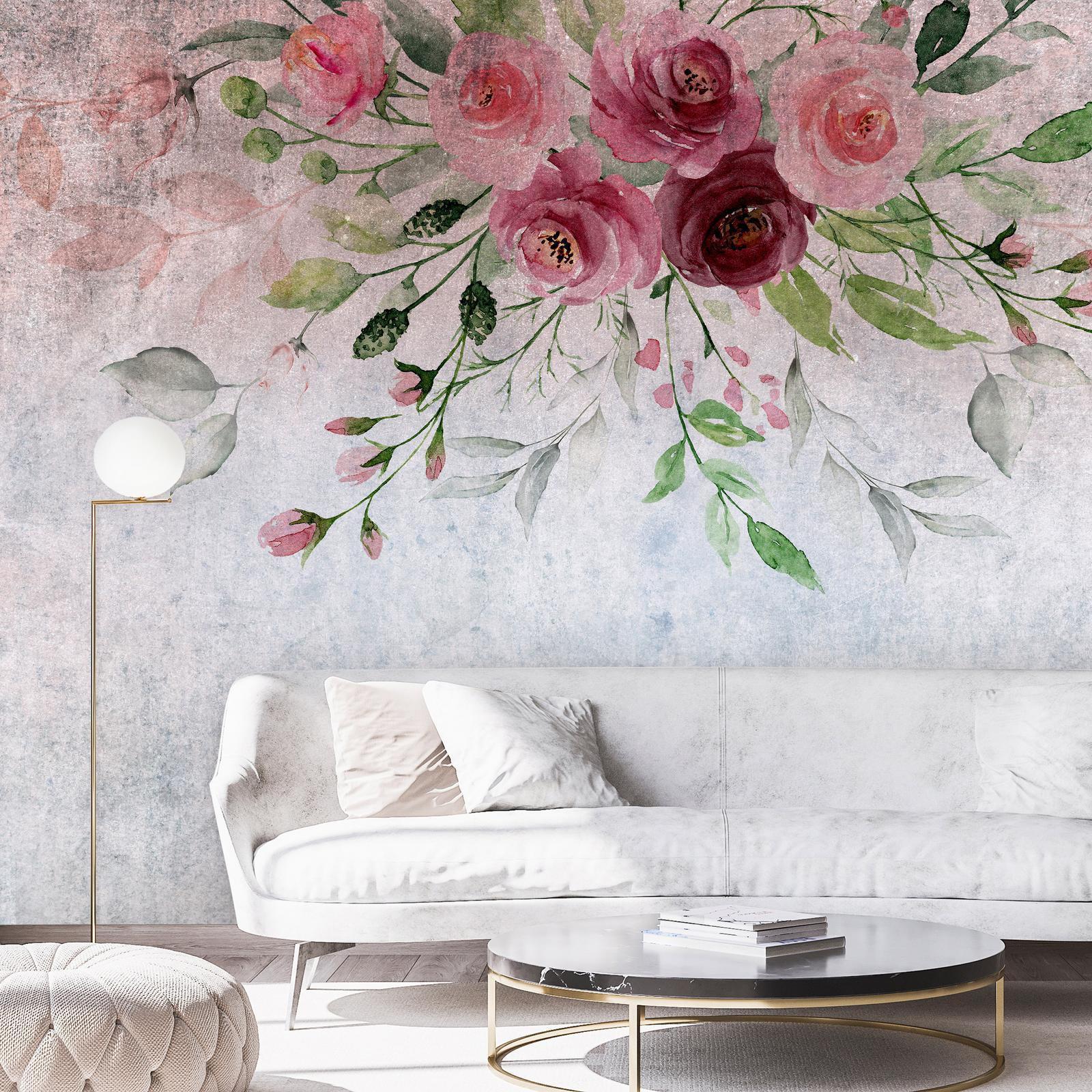 Fototapete - Summer bloom - plant motif with flowers and leaves in pink tones Artgeist