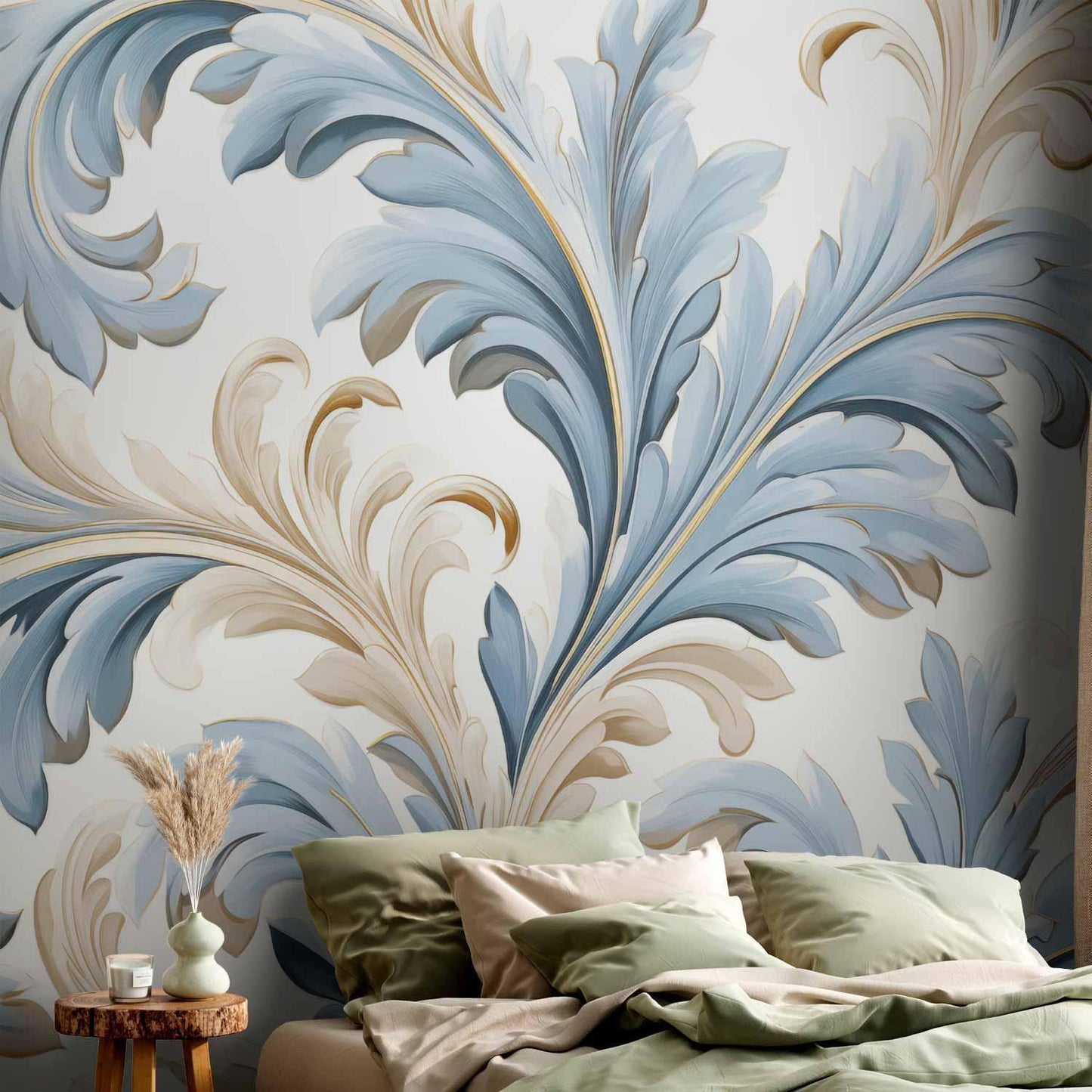 Fototapete - Baroque Ornaments in Light Cream-Blue Hues