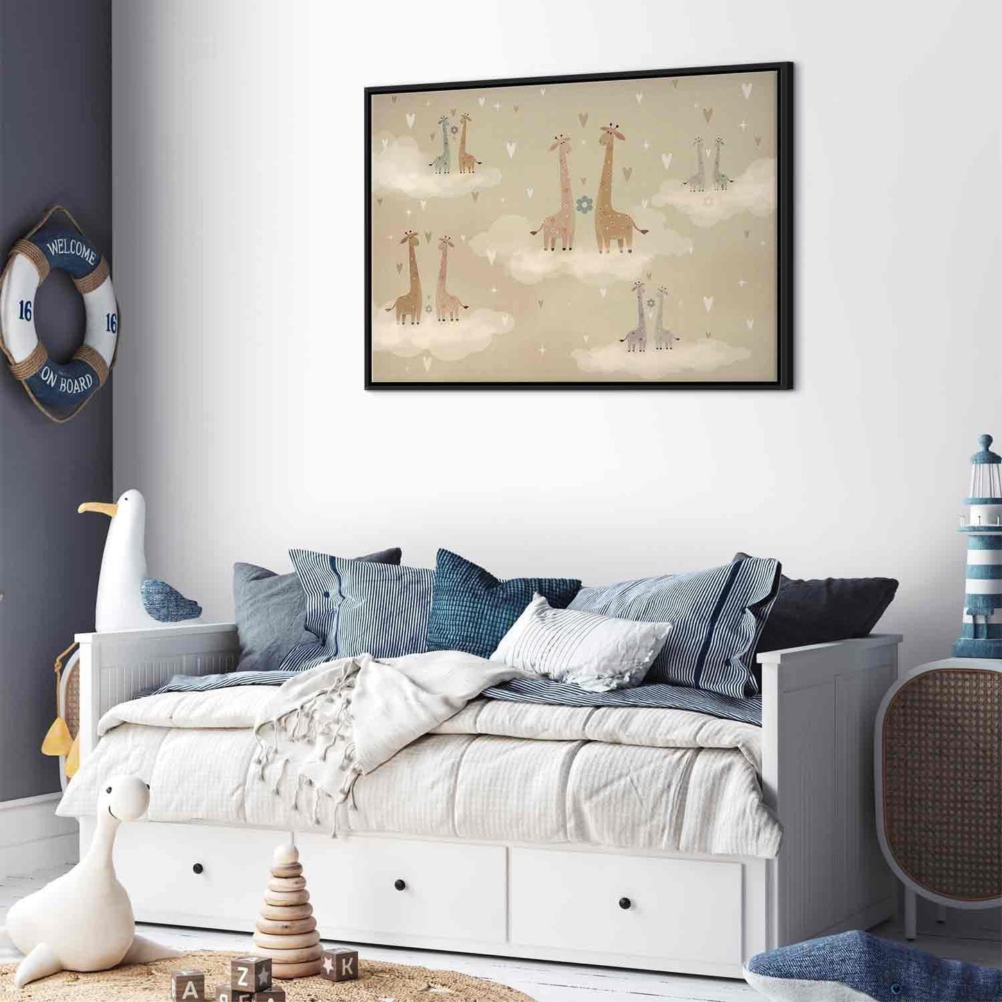 Leinwandbild - Love - Colorful Giraffes Floating on Clouds Among Hearts and Stars