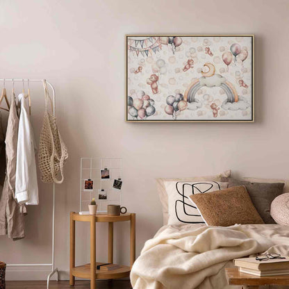 Leinwandbild - Toy Bears with Balloons - Flying Plush Bears Among Balloons Clouds and Rainbows in Subtle Pastel Hues