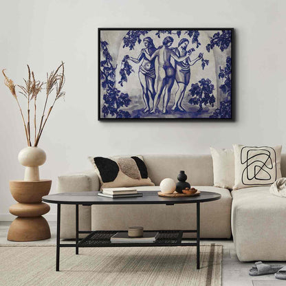 Leinwandbild - Ancient vineyard - three women in a portal painted with blue ink