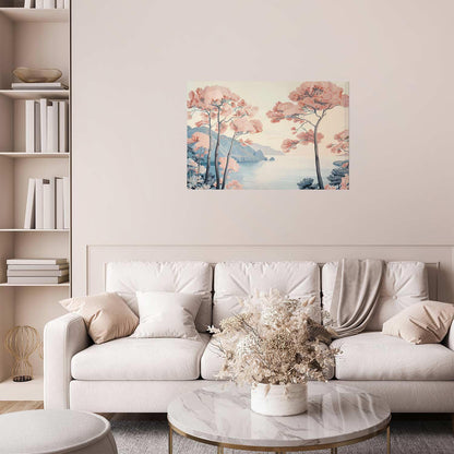 Poster - Ocean Cliffs and Trees Delicate Motif in Pastel Colors