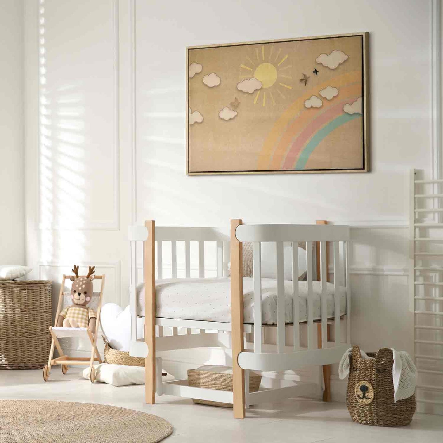 Leinwandbild - Holiday Sky - Sunny Day with a Rainbow and Flying Birds