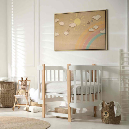 Leinwandbild - Holiday Sky - Sunny Day with a Rainbow and Flying Birds