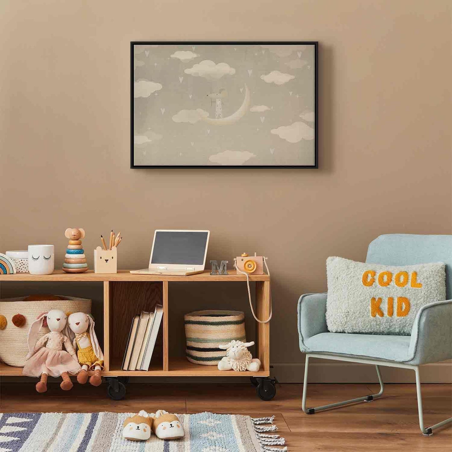 Leinwandbild - Little Conqueror - A Mouse in Heart Pajamas on the Moon Among Clouds Artgeist