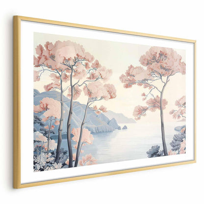 Poster - Ocean Cliffs and Trees Delicate Motif in Pastel Colors