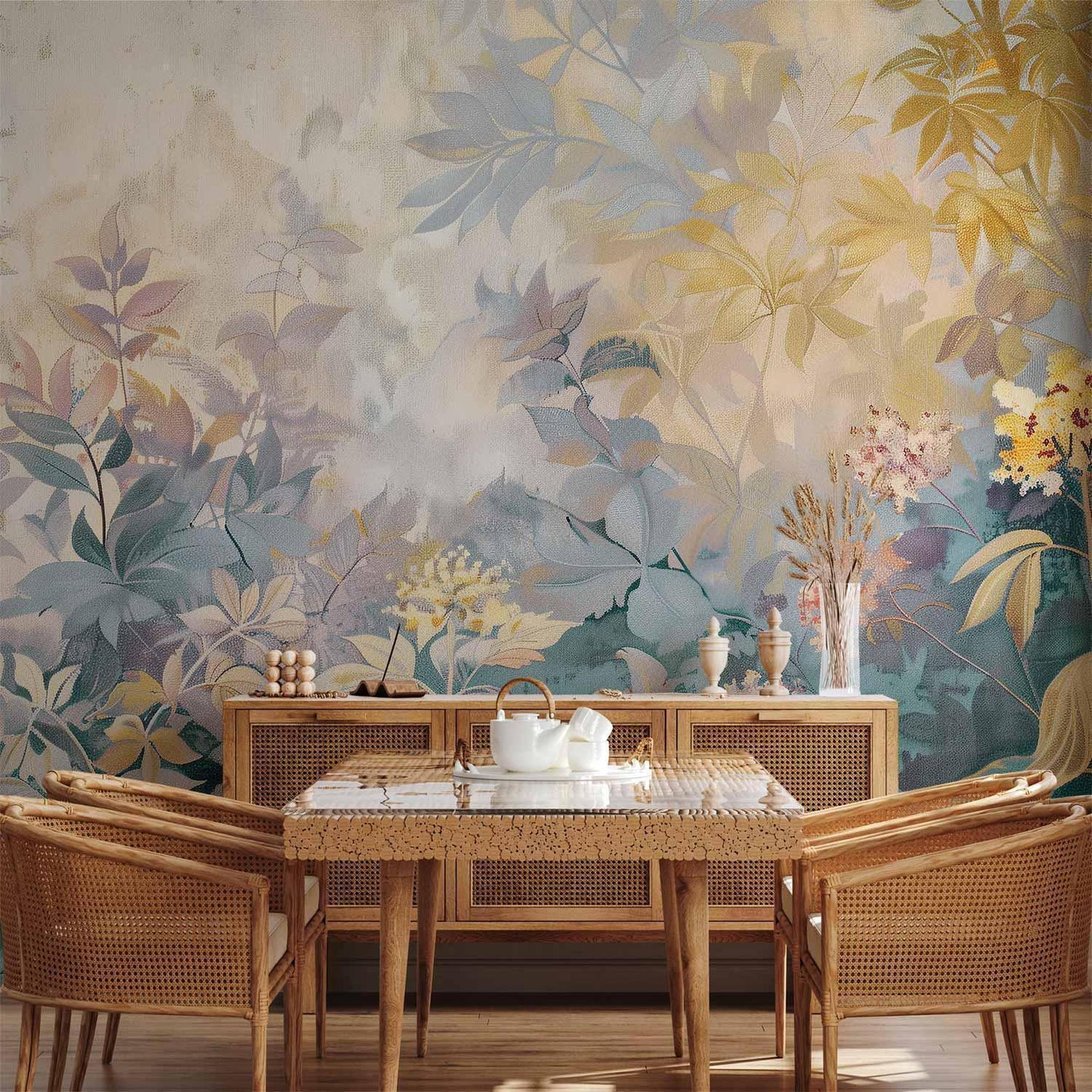 Fototapete - Tapestry Pattern with a Meadow and Flowers Kilim with a Spring Motif