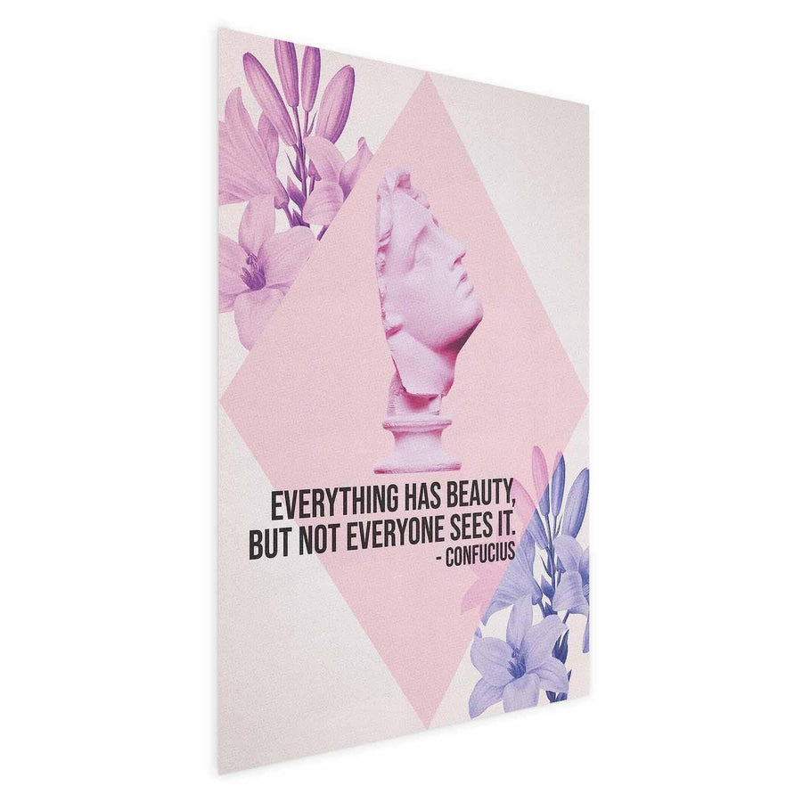 Poster - Confucius on Beauty - a bust in pink with flowers and a quote Artgeist