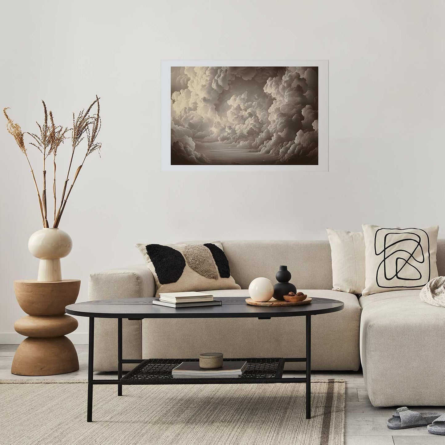 Poster featuring illuminated clouds with soft light in a stylish living room.