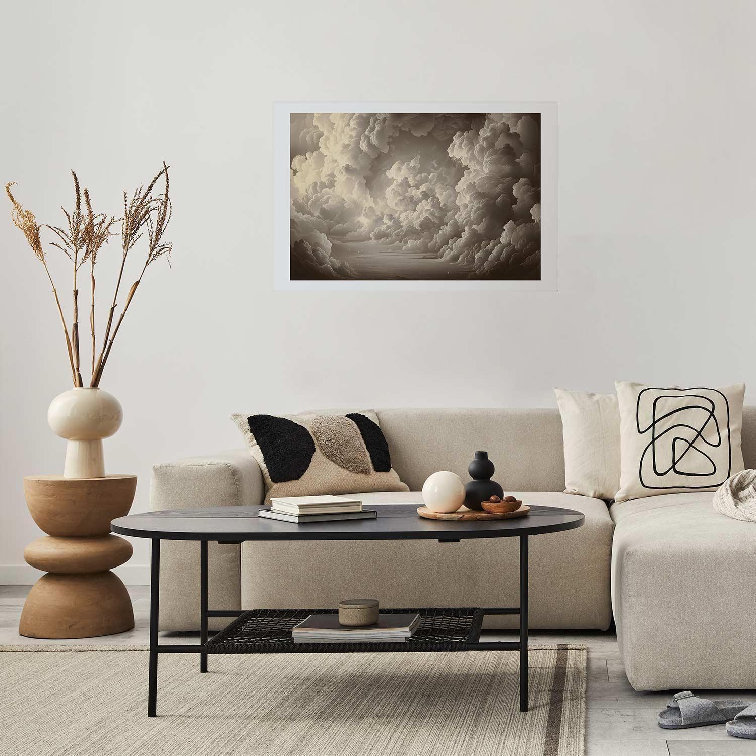 Poster featuring illuminated clouds with soft light in a stylish living room.