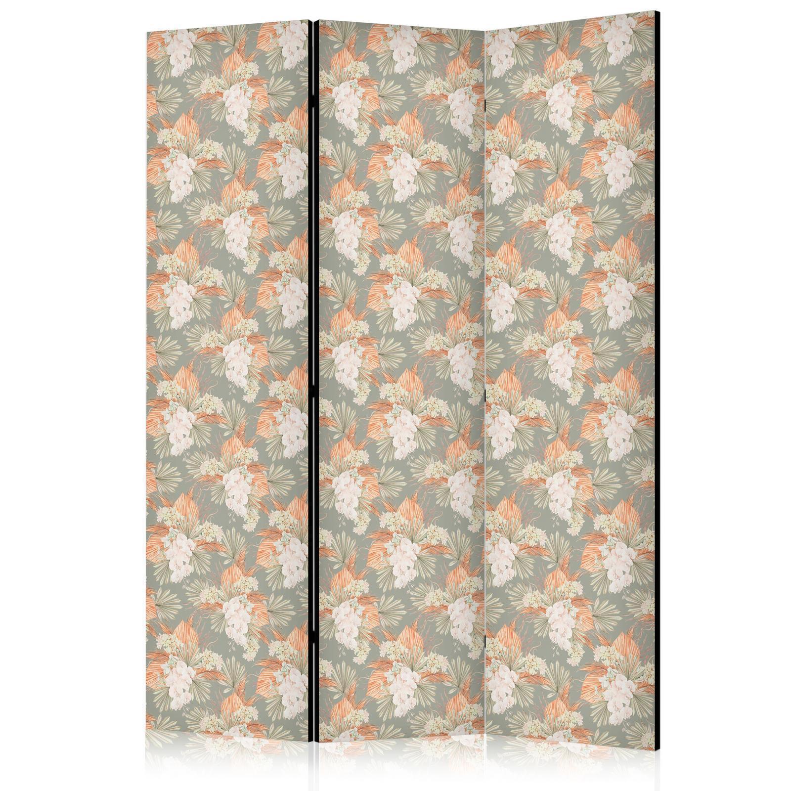 Paravent - Little Bouquets - Exotic Flowers and Leaves on a Gray-Green Background Artgeist