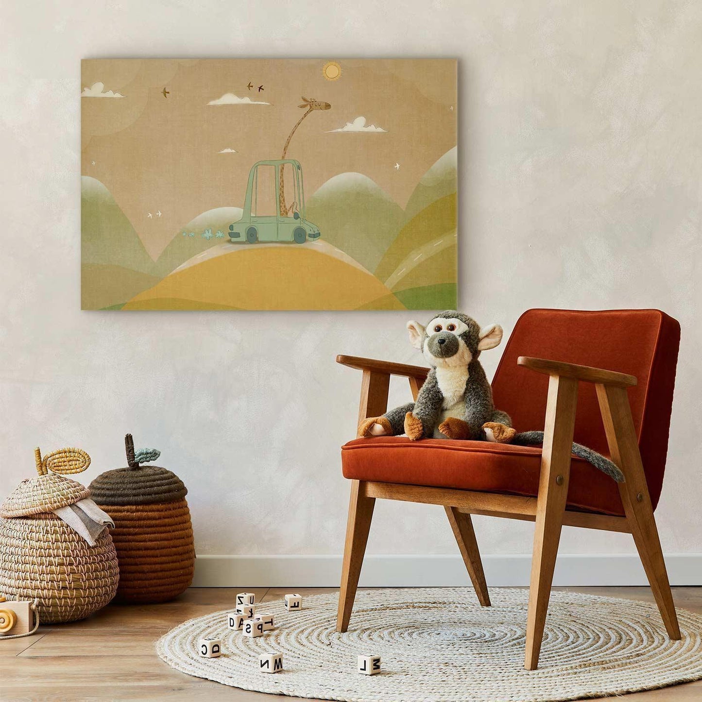 Leinwandbild - Dreamy Traveler - A Cheerful Giraffe Driving a Car on a Sunny Day