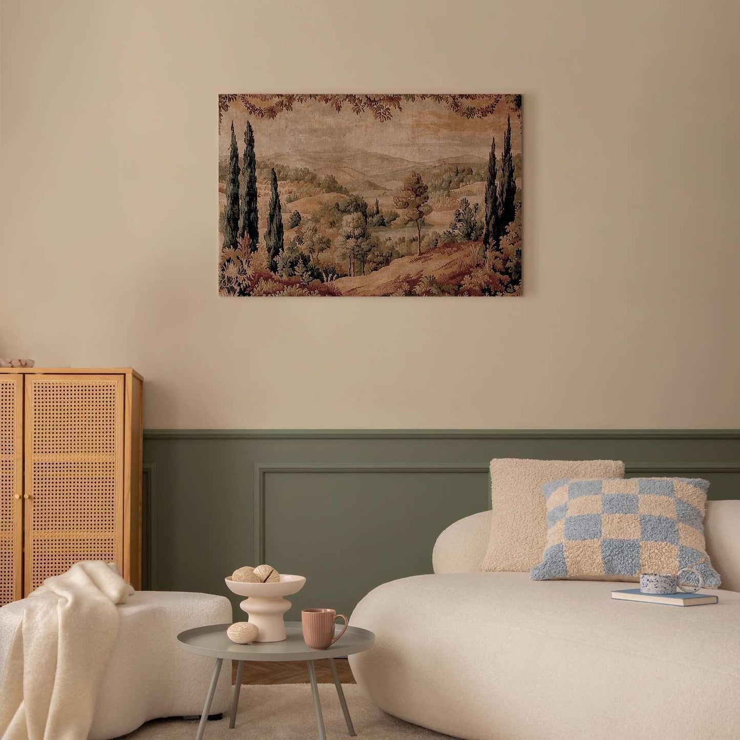 Leinwandbild - Mediterranean landscape - old tapestry with a hill and a lake