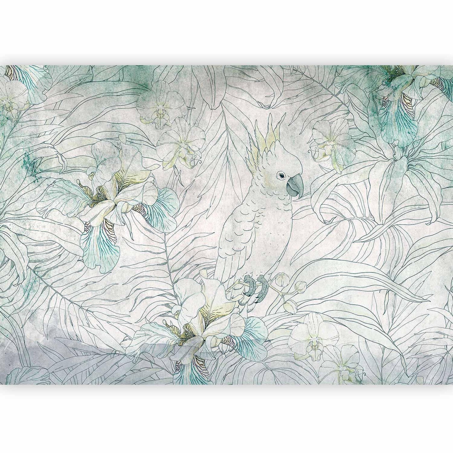 Tropisches Motiv – weißer Kakadu und Blüten

