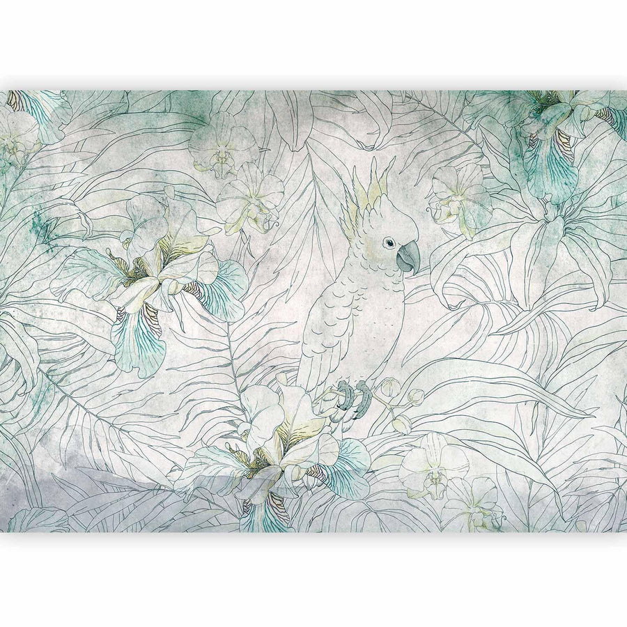 Tropisches Motiv – weißer Kakadu und Blüten


