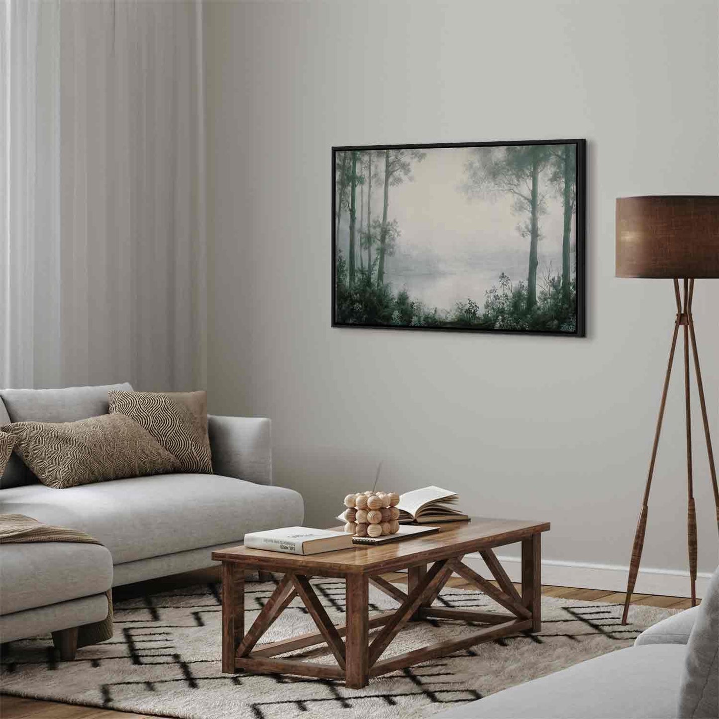 Leinwandbild - Retro Landscape Grove Trees and Pond in Patinated Shades of Green