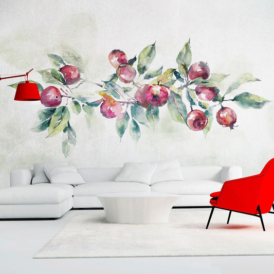 Fototapete - Apple branch - landscape with a plant and red apples on a white background Artgeist