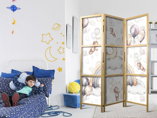 Japanischer Paravent - Plush Bears with Balloons - Flying Light-Brown Bears Among Balloons - Clouds - and Rainbows in Subdued - Pastel Colors Artgeist
