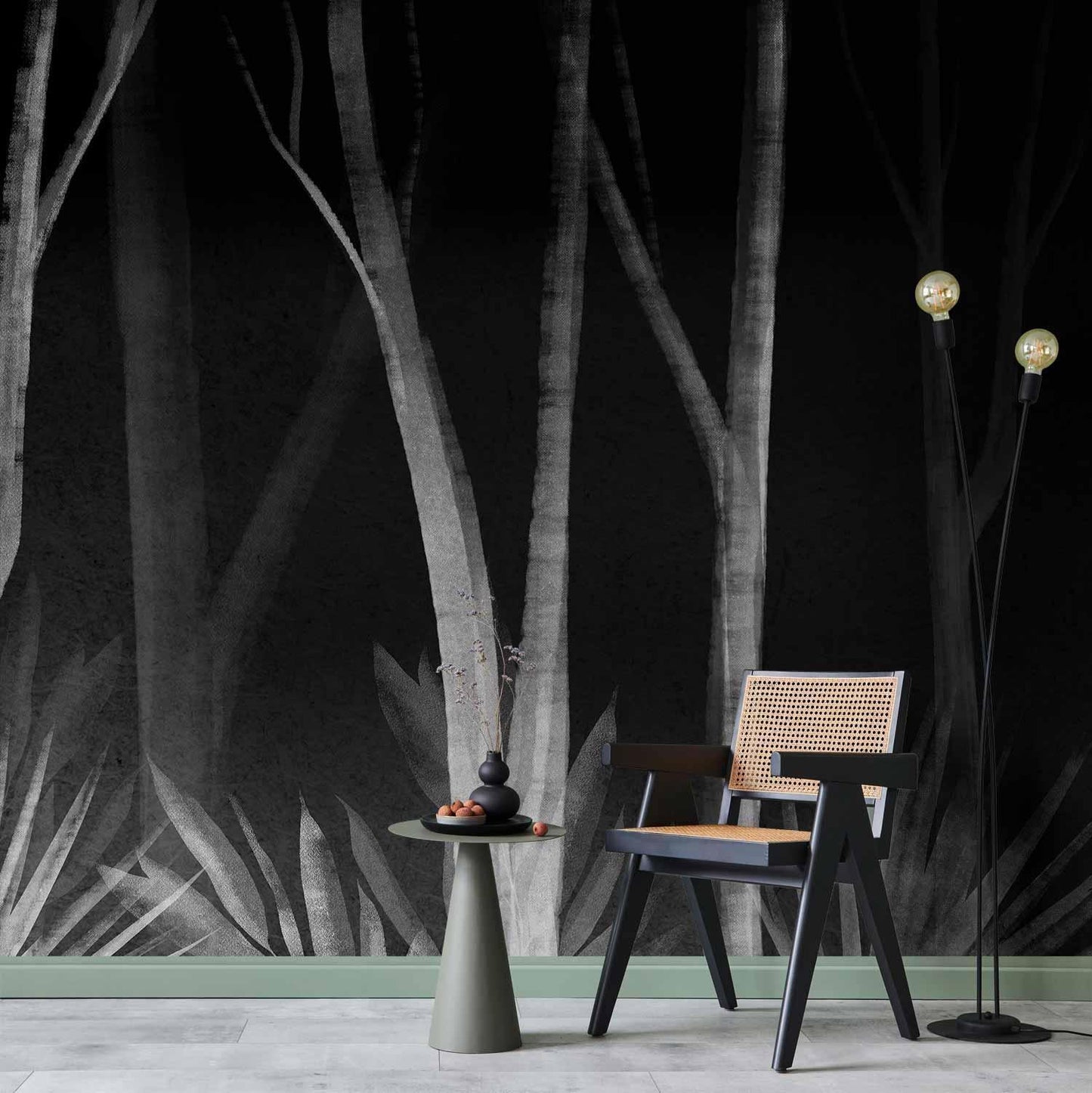 Fototapete - Noise of the forest at night - minimalist landscape of white trees on a black background Artgeist