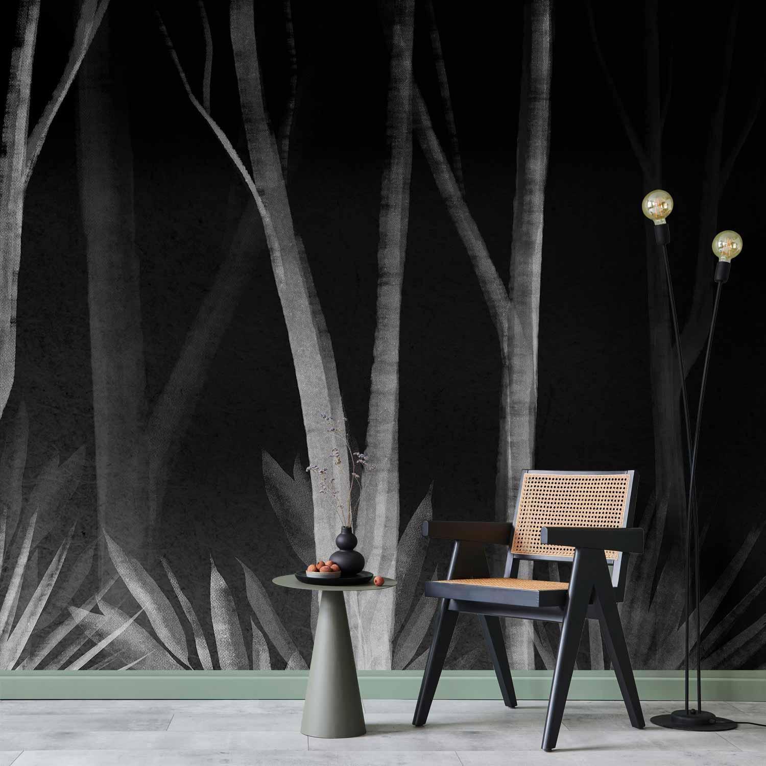 Fototapete - Noise of the forest at night - minimalist landscape of white trees on a black background Artgeist