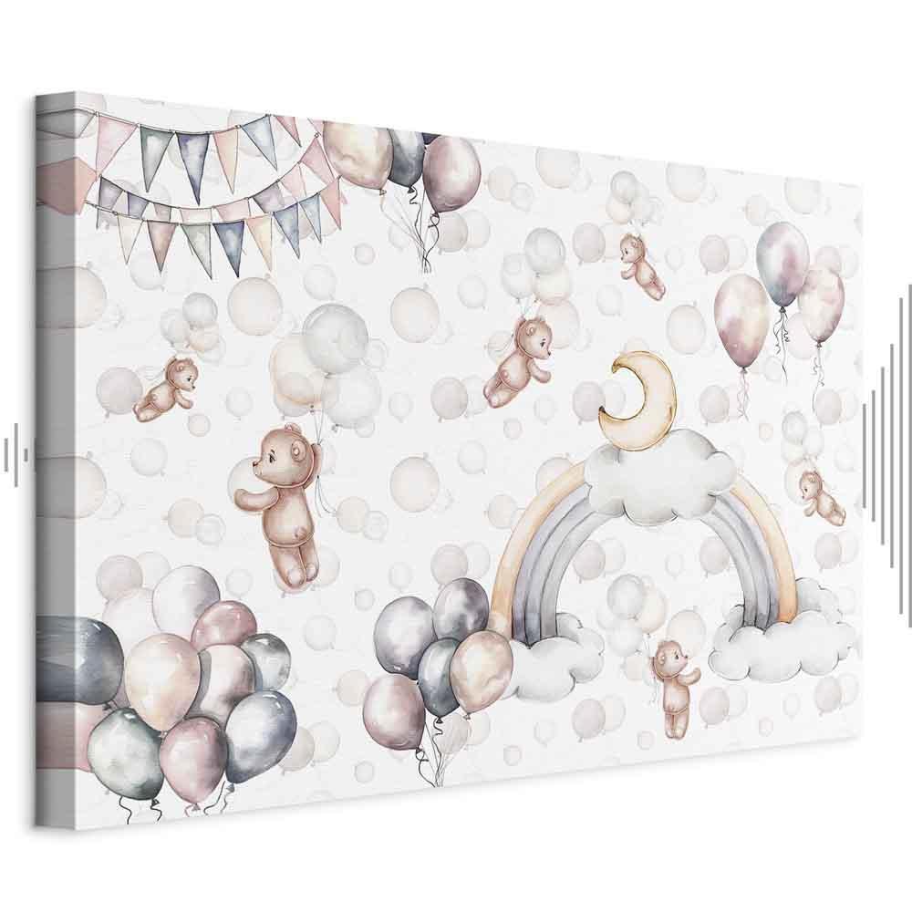 Leinwandbild - Toy Bears with Balloons - Flying Plush Bears Among Balloons Clouds and Rainbows in Subtle Pastel Hues