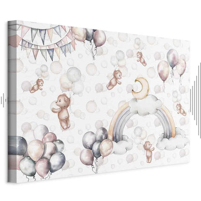 Leinwandbild - Toy Bears with Balloons - Flying Plush Bears Among Balloons Clouds and Rainbows in Subtle Pastel Hues