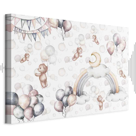 Leinwandbild - Toy Bears with Balloons - Flying Plush Bears Among Balloons Clouds and Rainbows in Subtle Pastel Hues