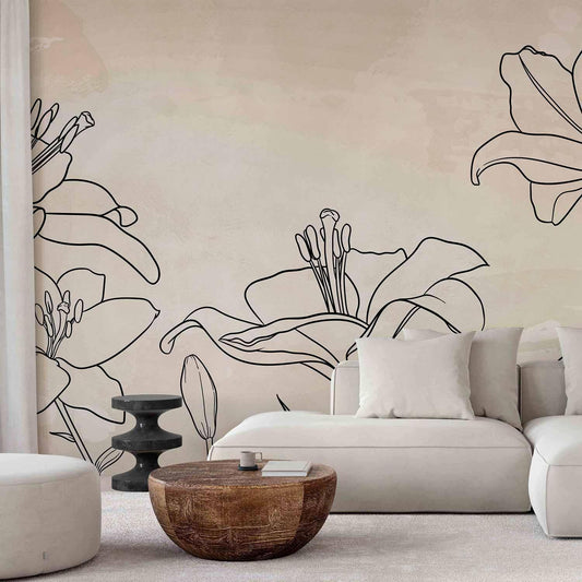 Fototapete „Naturskizze" – Minimalistische Line-Art mit Lilien