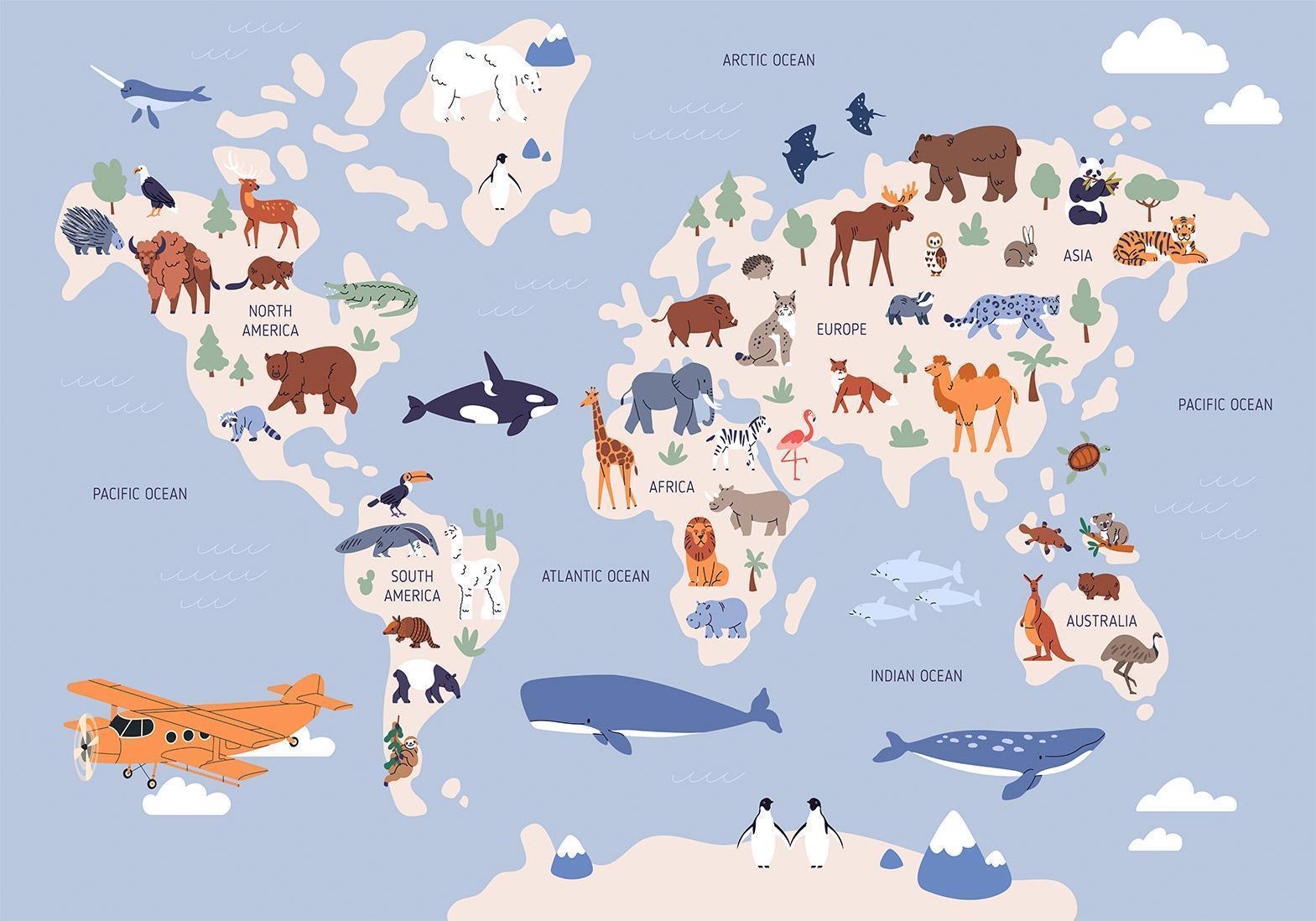 Fototapete - World Map With Animal Illustrations Artgeist