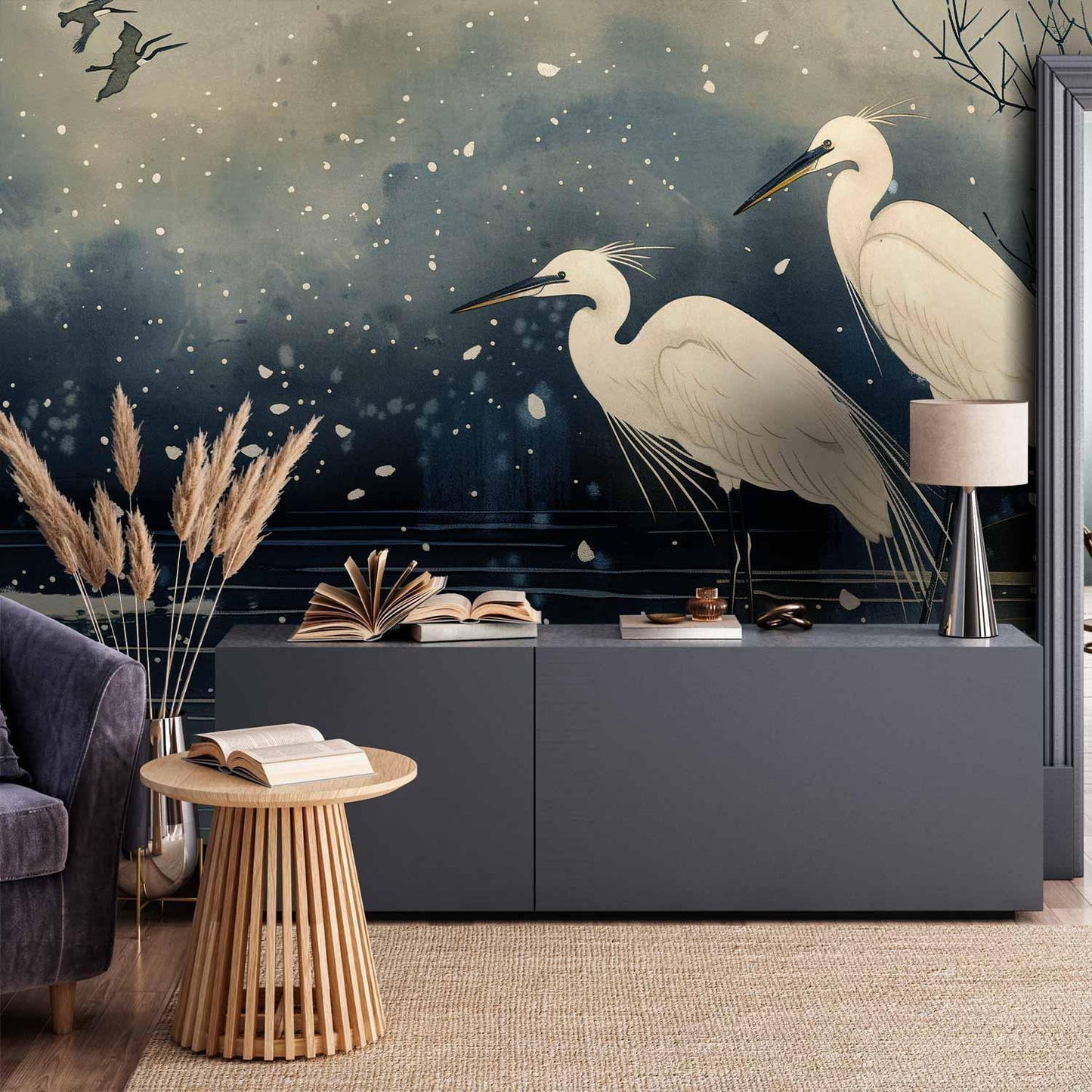 Fototapete - Herons over a winter pond - Japanese-style illustration in dark colours