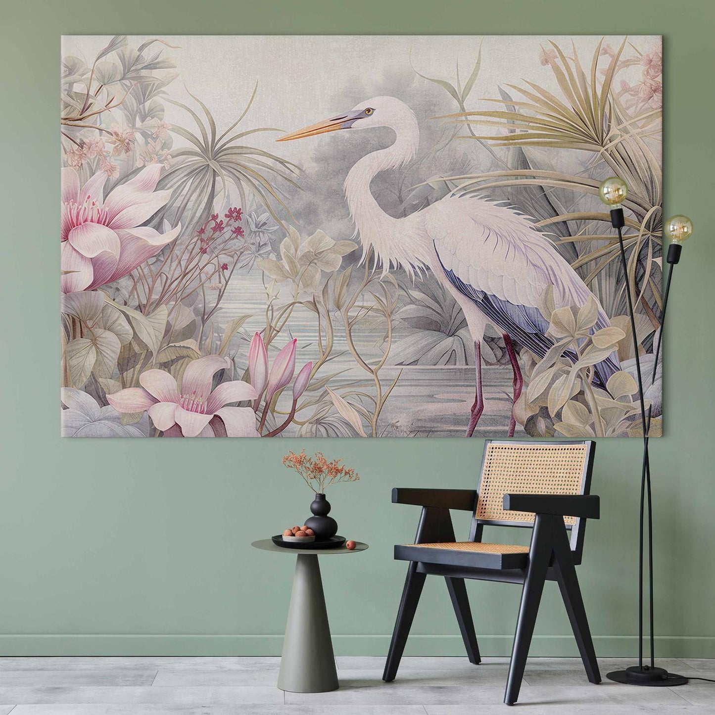 Wandbild XXL - Heron wading in a pond - illustration in bright colours